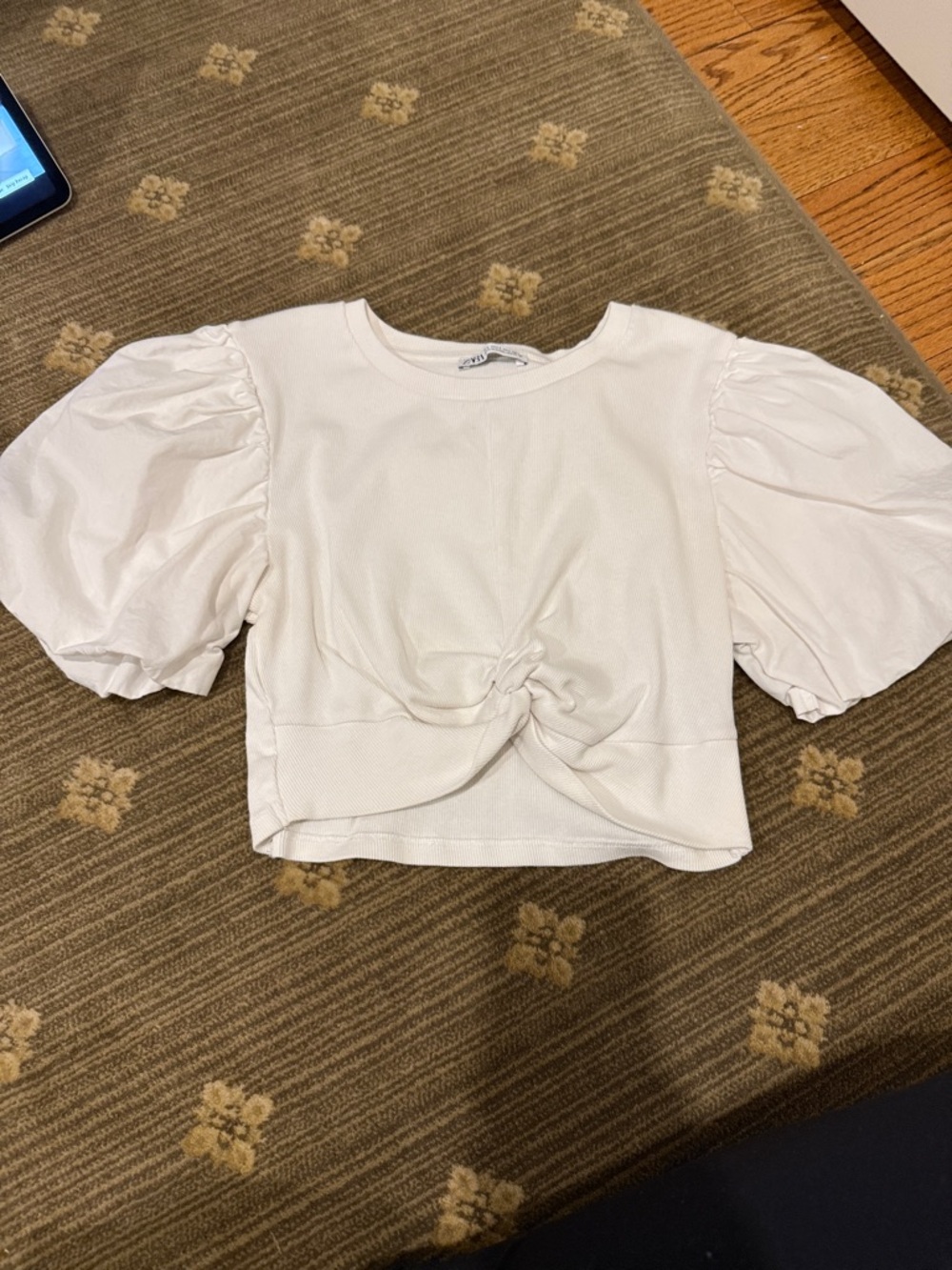 Zara White Cropped Puff Sleeve Knot Front Top